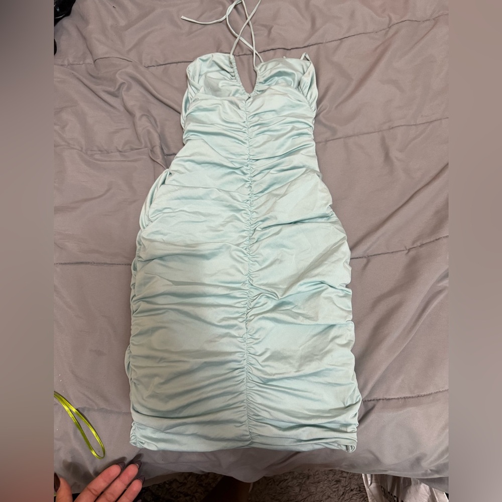 Oh Polly Light Blue Ruched Mini Dress - Picture 3 of 4